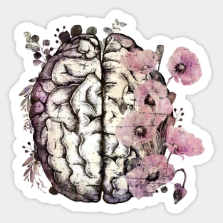 Brain with Pink poppy, psychology, mental health, front brain, vintage watercolor Sticker